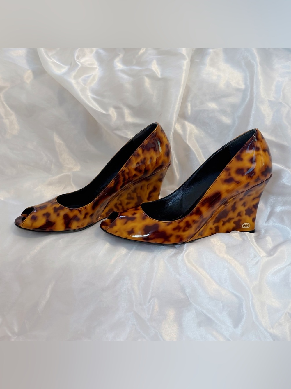 Gucci Tortoiseshell Patent Peep-Toe Wedge Pumps